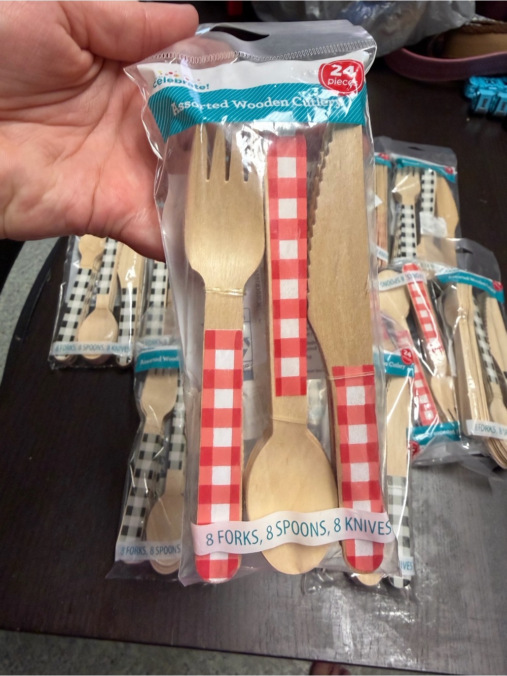 Assorted Wooden Cutlery Set with Red Check Handles - 336 Pieces picnic party